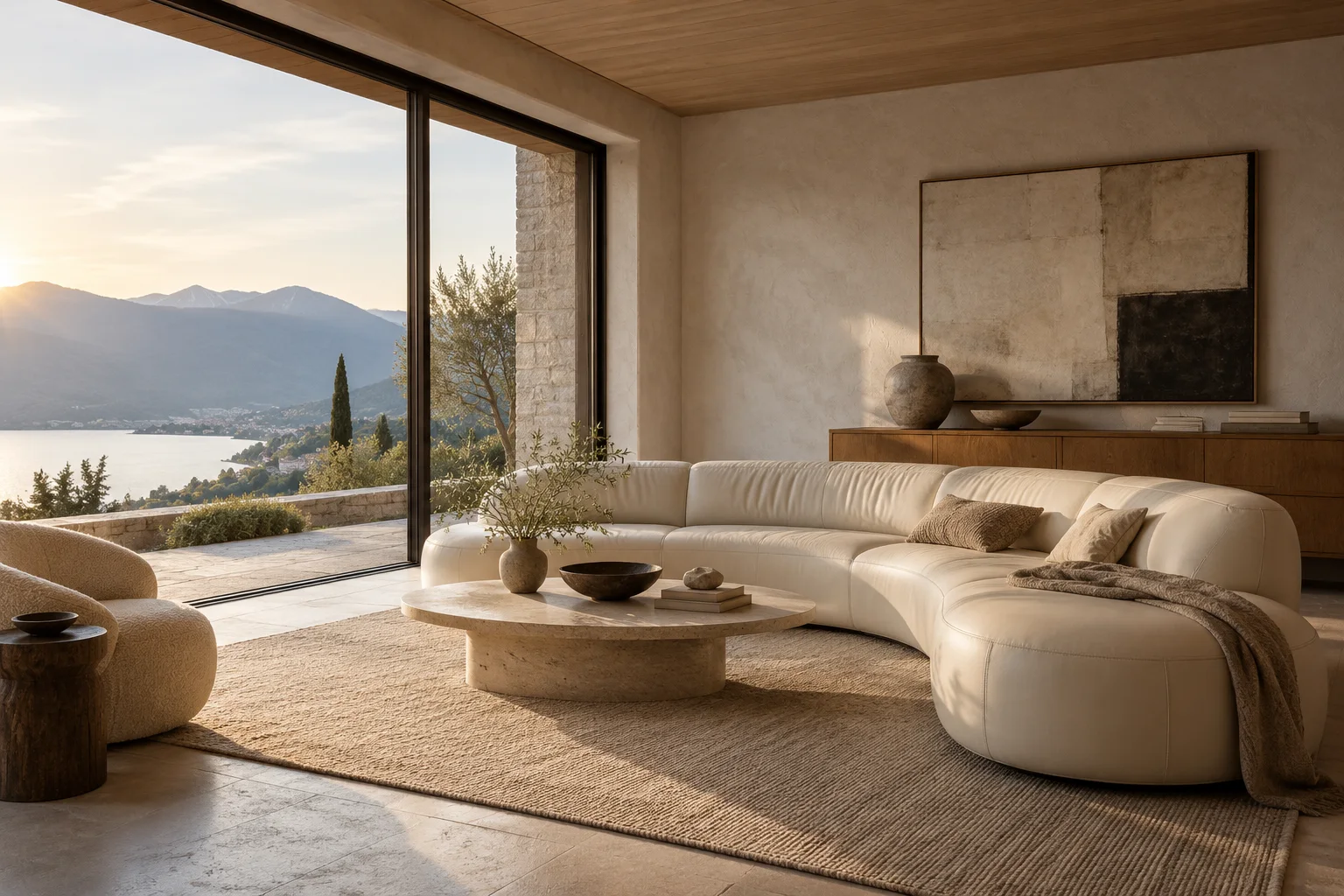 Wohnraum mit skulpturalem Sofa und Blick in die Landschaft