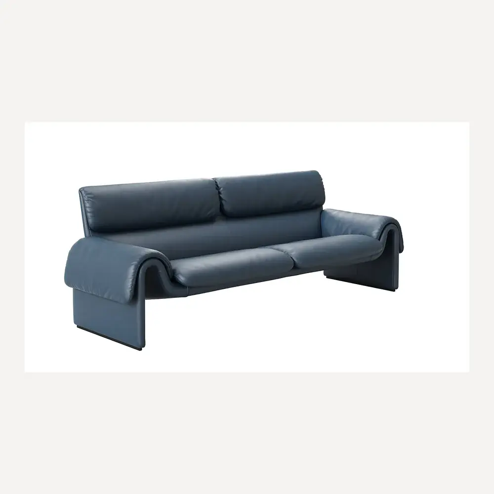 Dunkelblaues Ledersofa von Desede Switzerland mit schwebendem Design und eleganter Form.