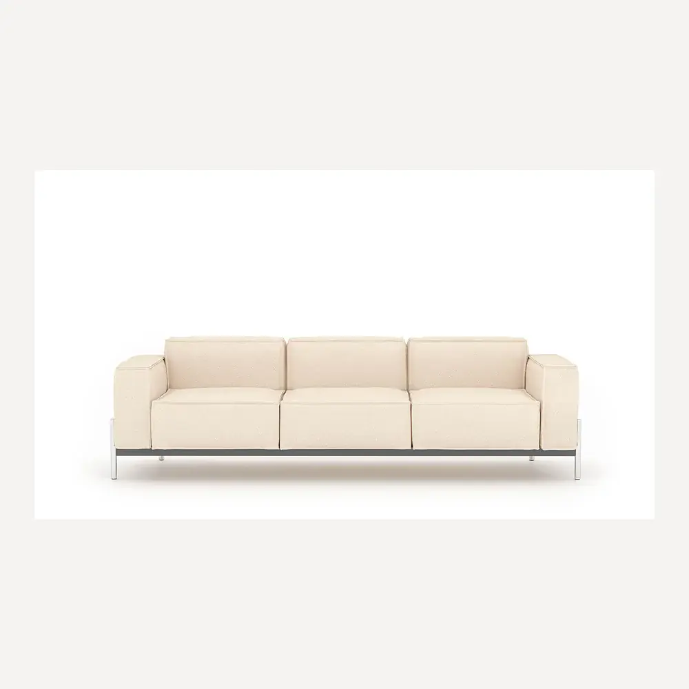 Ein cremefarbenes Ledersofa von Desede Switzerland mit Edelstahlfüßen und kubischem Design.