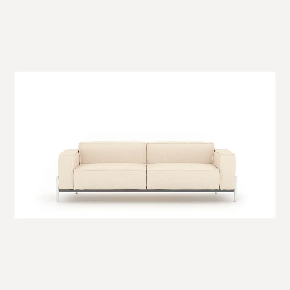 Ein cremefarbenes Stoffsofa von Desede Switzerland mit Edelstahlfüßen und kubischem Design.