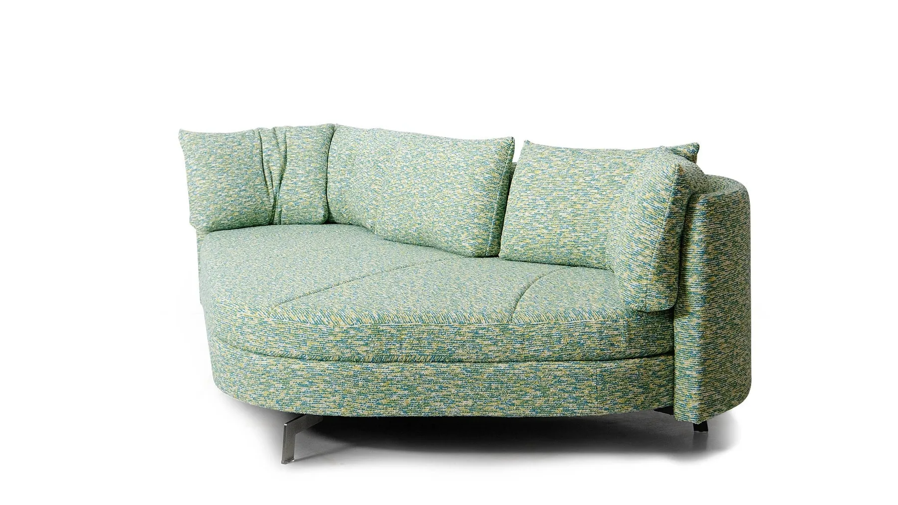 Grünes Bouclé-Sofa in Nierenform mit silbernem Gestell von Desede Switzerland.