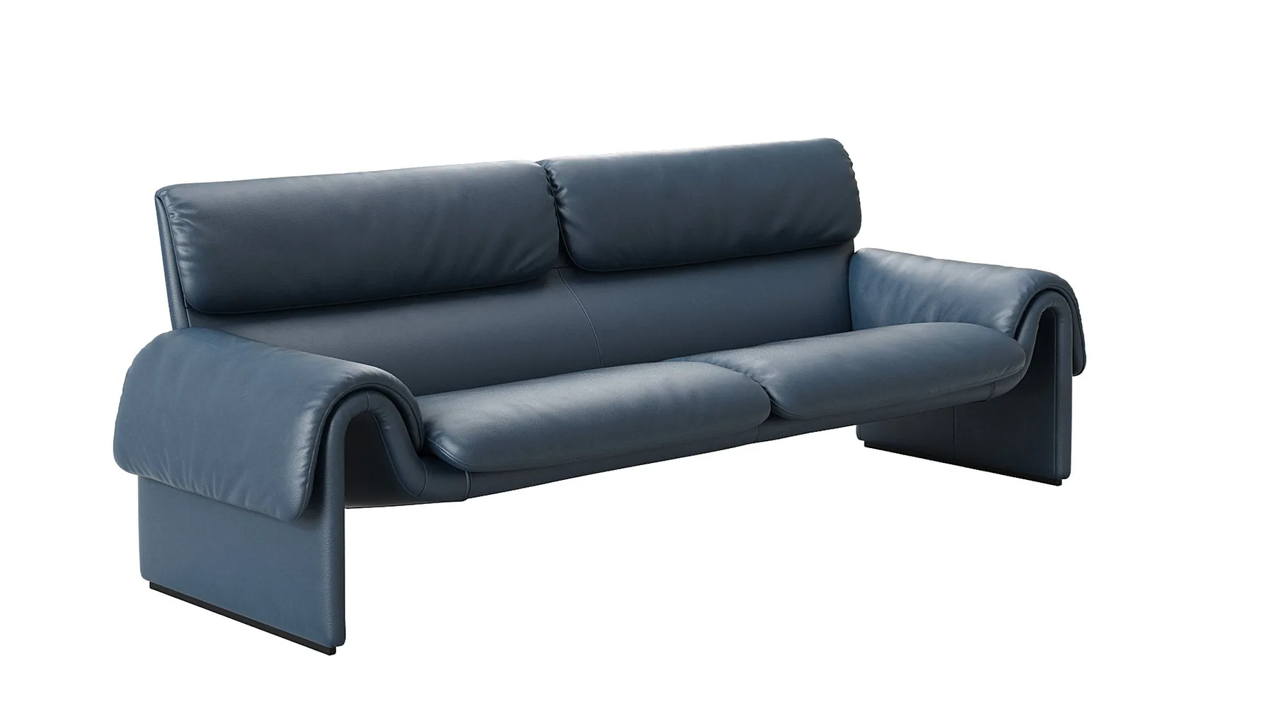 Dunkelblaues Ledersofa von Desede Switzerland mit schwebendem Design und eleganter Form.