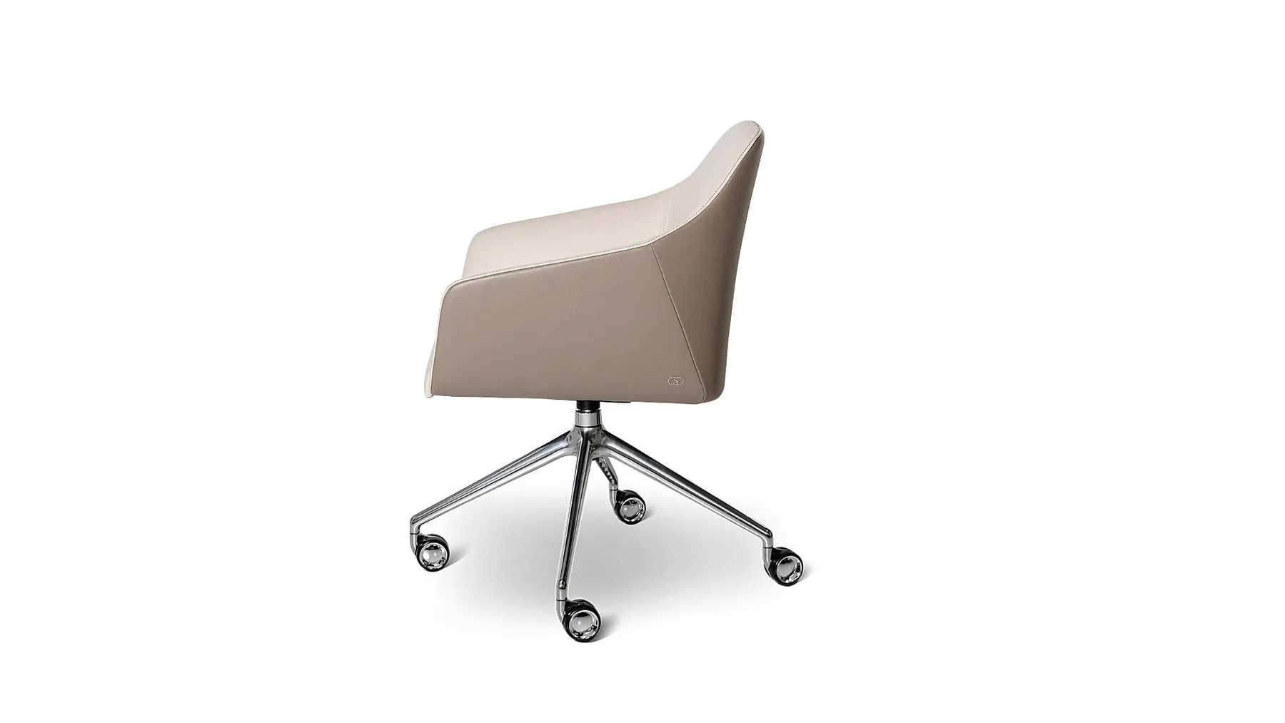 Lederstuhl von Desede Switzerland in Creme und Taupe mit silbernem Viersternfuß auf Rollen.